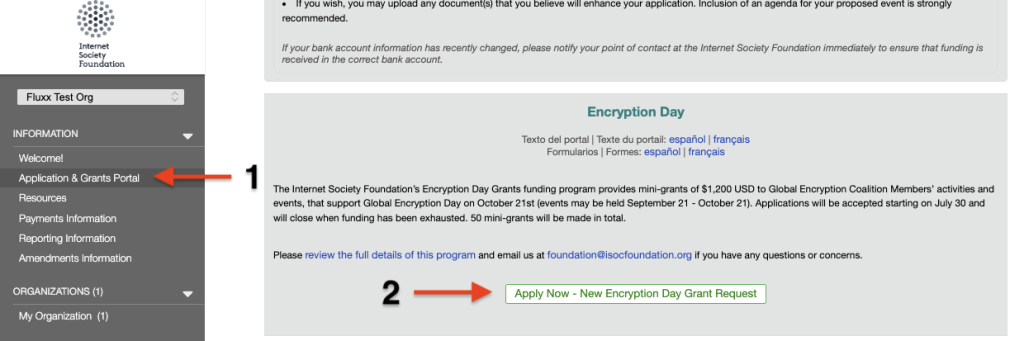 Screenshot of the Fluxx system showing a menu on the left with a red arrow pointing to "Application and Grants Portal" and then in the main section of the page a large gray box with the words "Encryption Day" at the top and a red arrow pointing to an "Apply Now" button at the bottom of the box.